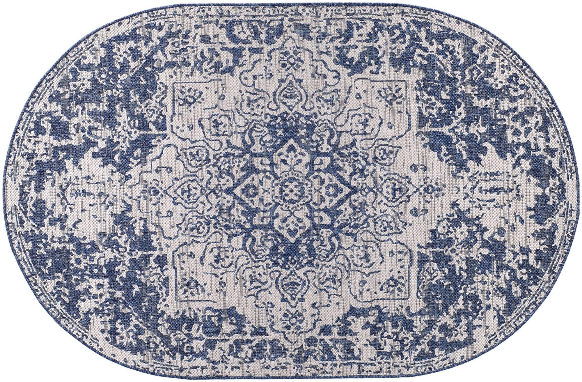 Ivory and Blue Easy-Clean Jill Zarin Indoor / Outdoor Oval Rug