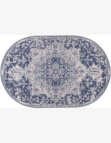 Ivory and Blue Easy-Clean Jill Zarin Indoor / Outdoor Oval Rug