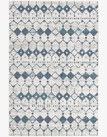Ivory and Blue Easy-Clean Lattice Indoor / Outdoor Rug