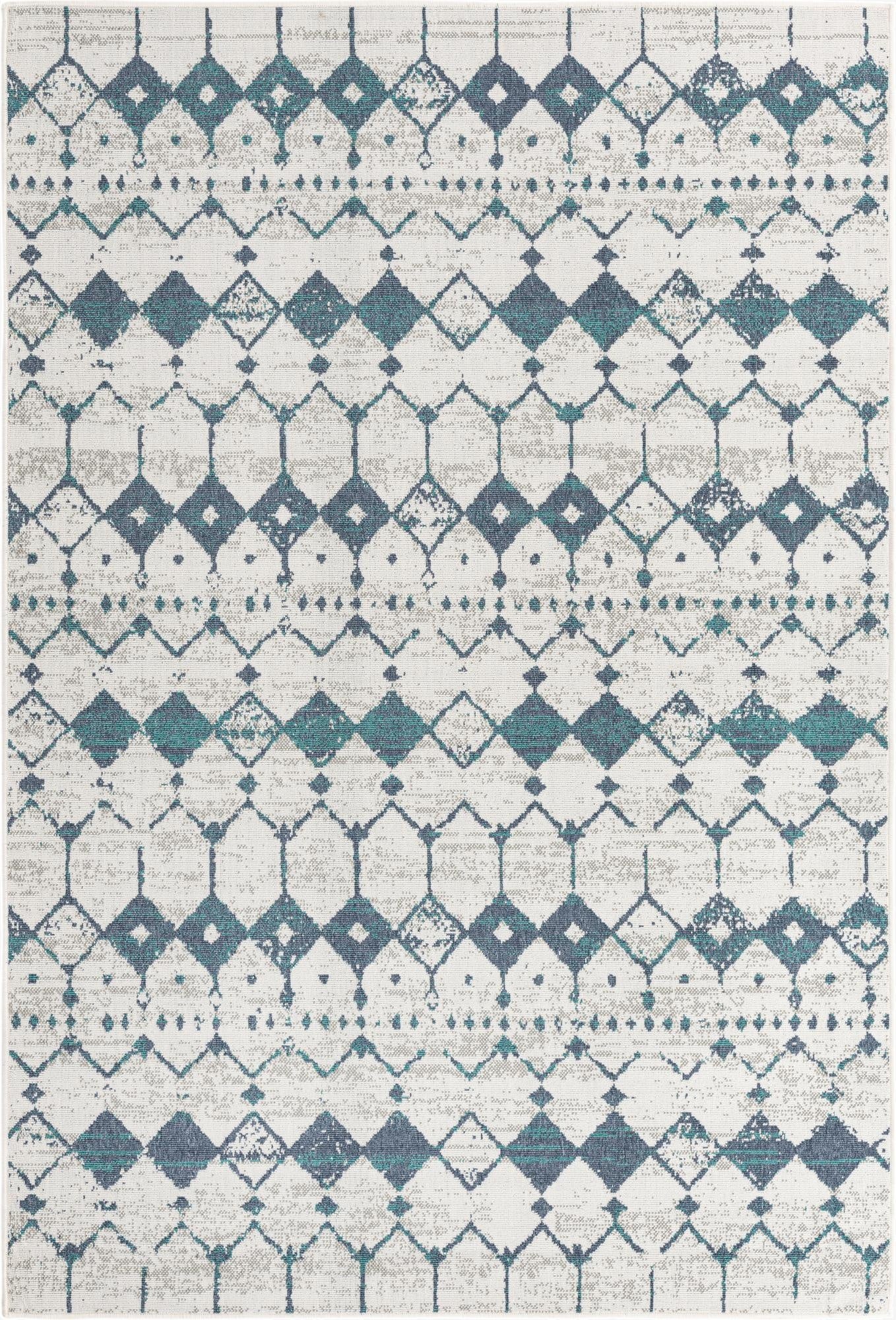 A 6x9 rectangular blue and white indoor/outdoor rug with a modern bohemian lattice and diamond pattern.