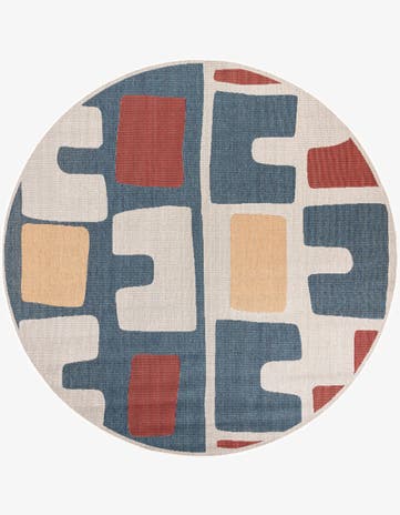 Ivory and Blue Easy-Clean Baja Indoor / Outdoor Round Rug