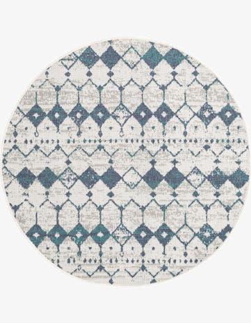 Ivory and Blue Easy-Clean Lattice Indoor / Outdoor Round Rug