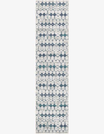 Ivory and Blue Easy-Clean Lattice Indoor / Outdoor Runner Rug