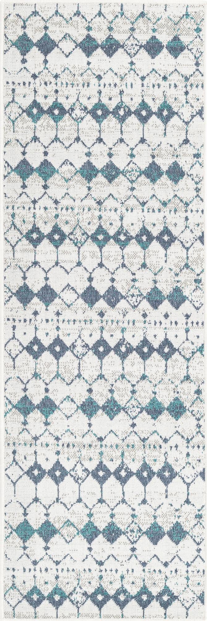 A 6 ft runner rug with a transitional bohemian pattern in shades of blue and white, suitable for a hallway or patio.