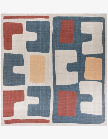 Ivory and Blue Easy-Clean Baja Indoor / Outdoor Square Rug