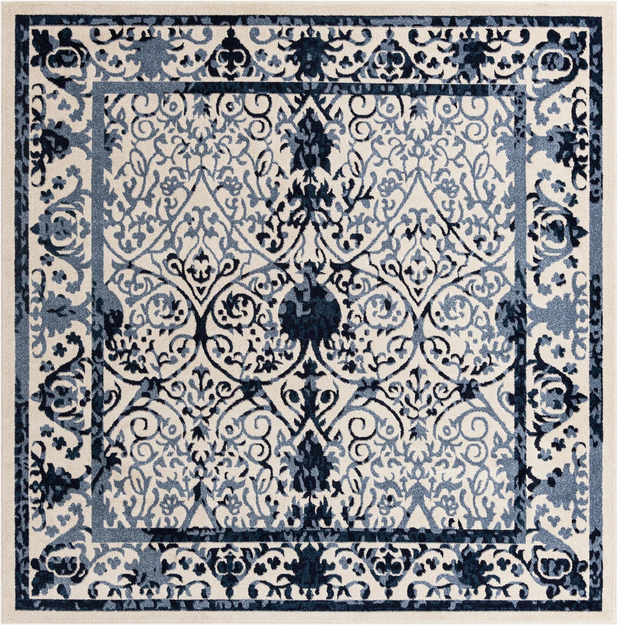 A 10'x10' square Rugs.com Miranda rug featuring an intricate traditional blue floral and botanical pattern on a cream background.