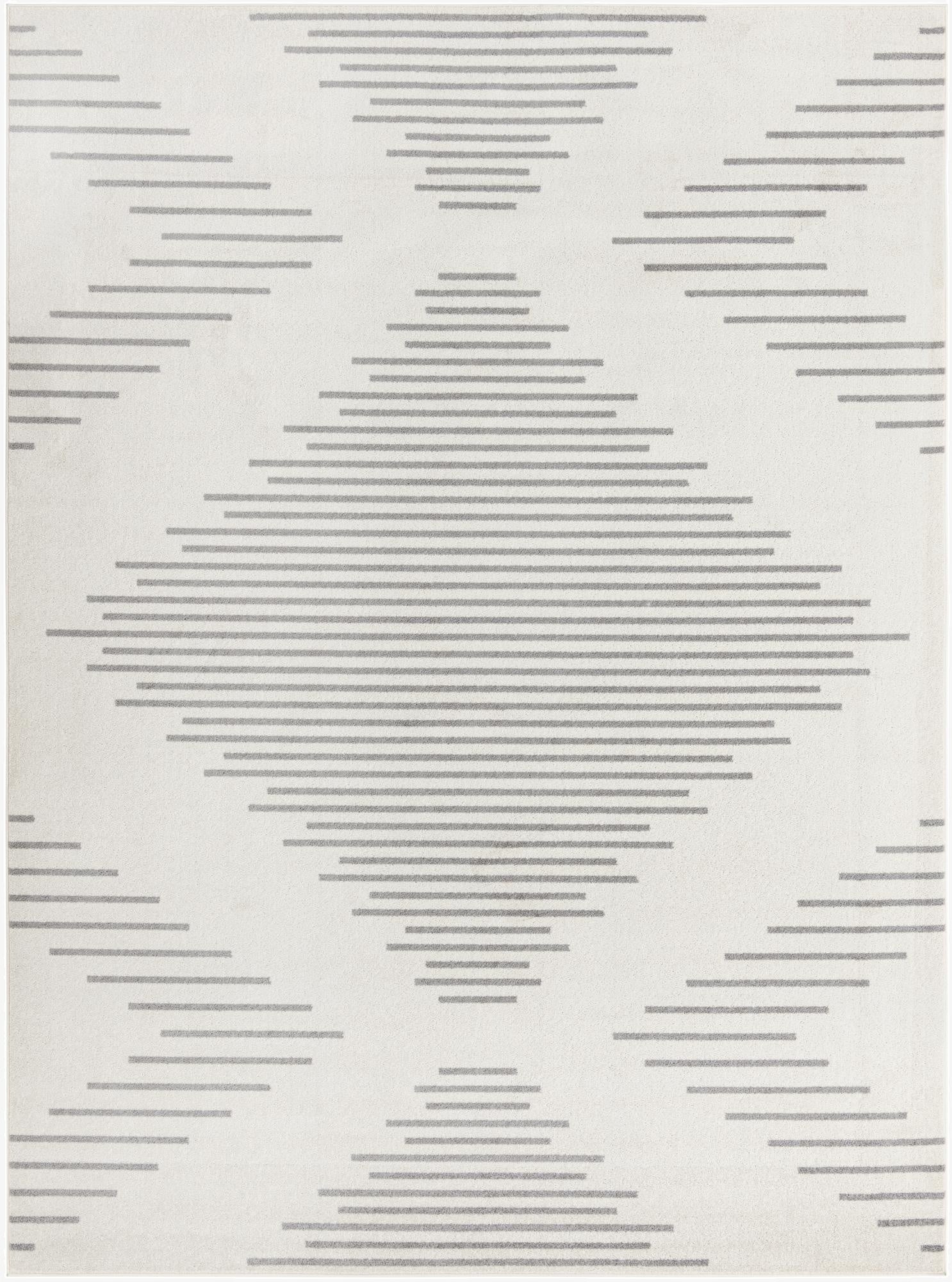 A 10x13 rectangular ivory area rug with a modern geometric stripe pattern in gray, suitable for a living room.