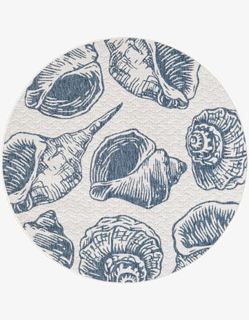 Ivory and Navy Blue Easy-Clean Coastal Indoor / Outdoor Round Rug
