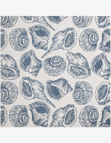 Ivory and Navy Blue Easy-Clean Coastal Indoor / Outdoor Square Rug