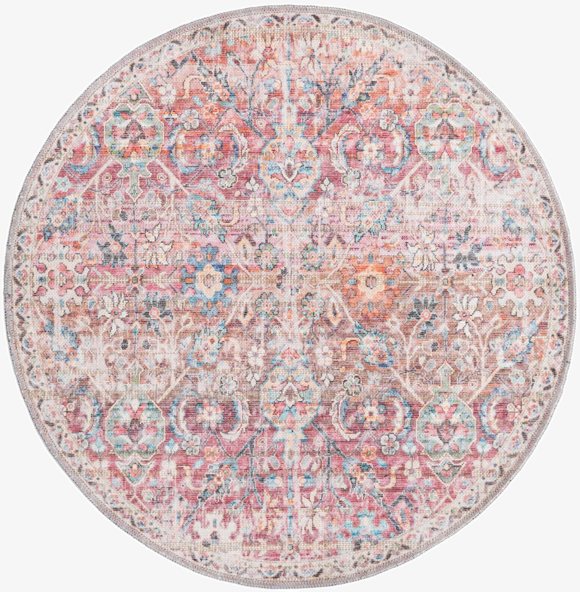 Ivory and Pink Washable Nostalgia Round Rug