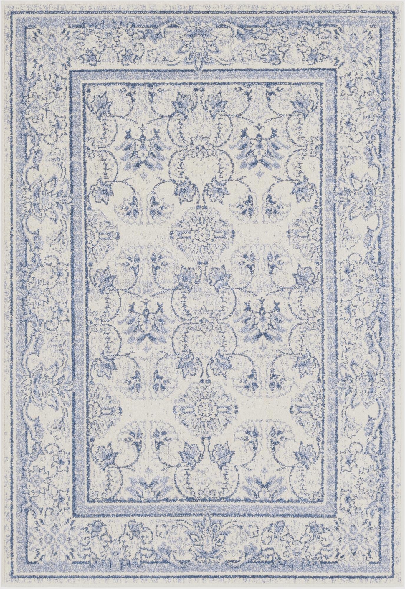 A 4x6 rectangular indoor rug featuring a traditional floral pattern in shades of blue and ivory.
