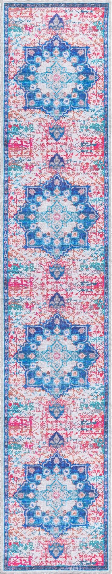A 10 ft runner rug from the Francesca Collection, featuring a vibrant blue and ivory medallion pattern with distressed coral and teal accents, ideal for a hallway.