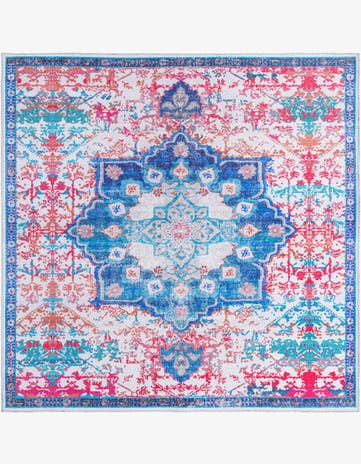 Ivory Blue Washable Renaissance Square Rug