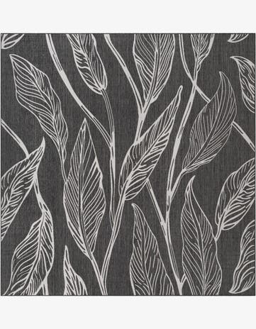 Ivory Charcoal Easy-Clean Botanical Indoor / Outdoor Square Rug