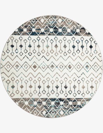 Ivory Gray Blue Moroccan Trellis Round Rug