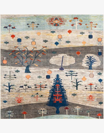 Ivory Gray Blue Washable Vivid Square Rug