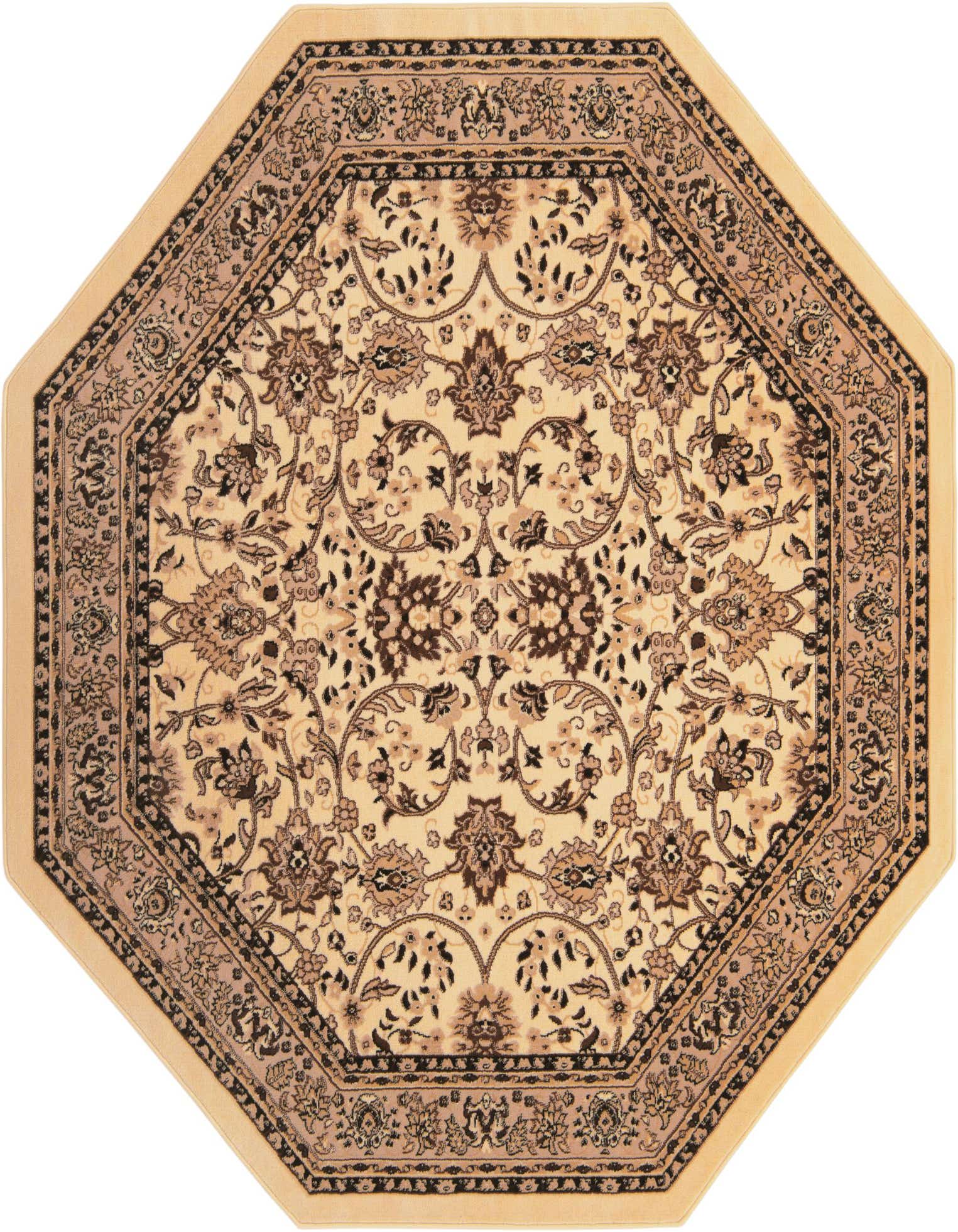 An ivory and cream octagon rug with a traditional oriental floral pattern in shades of brown and black.