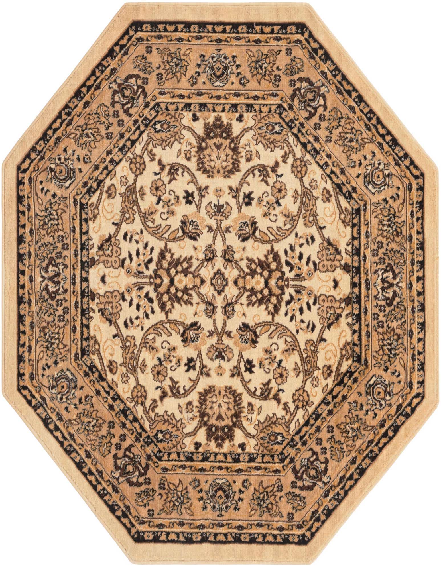 An ivory and cream 5' 3 x 5' 3 octagon rug with a traditional floral oriental pattern and dark brown accents.