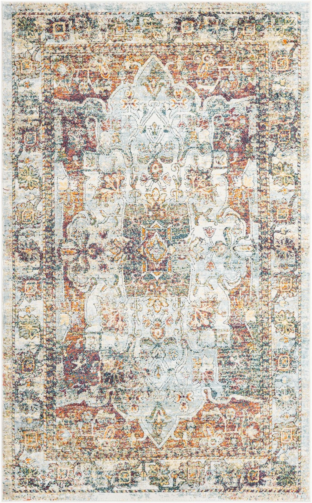 A 5x8 rectangular Isabella rug with a distressed traditional medallion pattern in ivories, creams, and whites, accented with warm rust and cool blue tones.