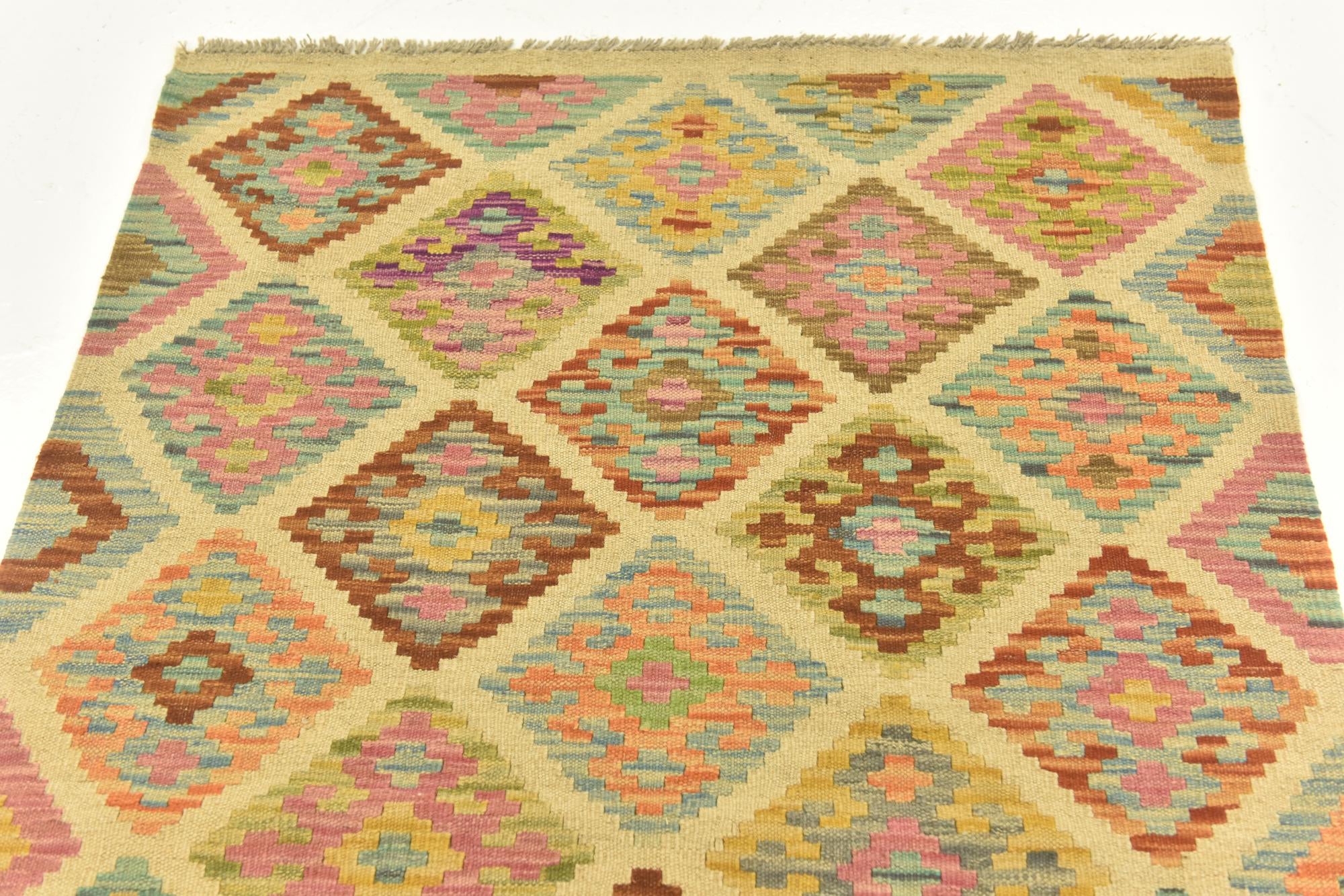 3' 2 x 4' 9 Hand Woven Kilim Maymana Wool Rug