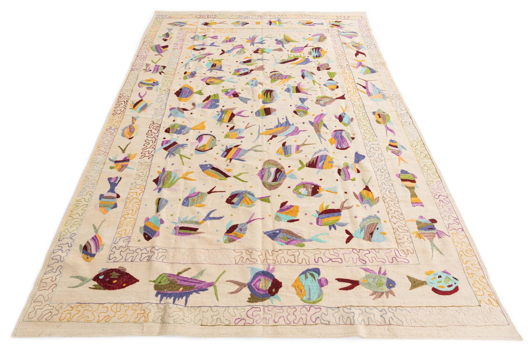 6' 4 x 9' 5 Hand Woven Kilim Suzani Wool Rug