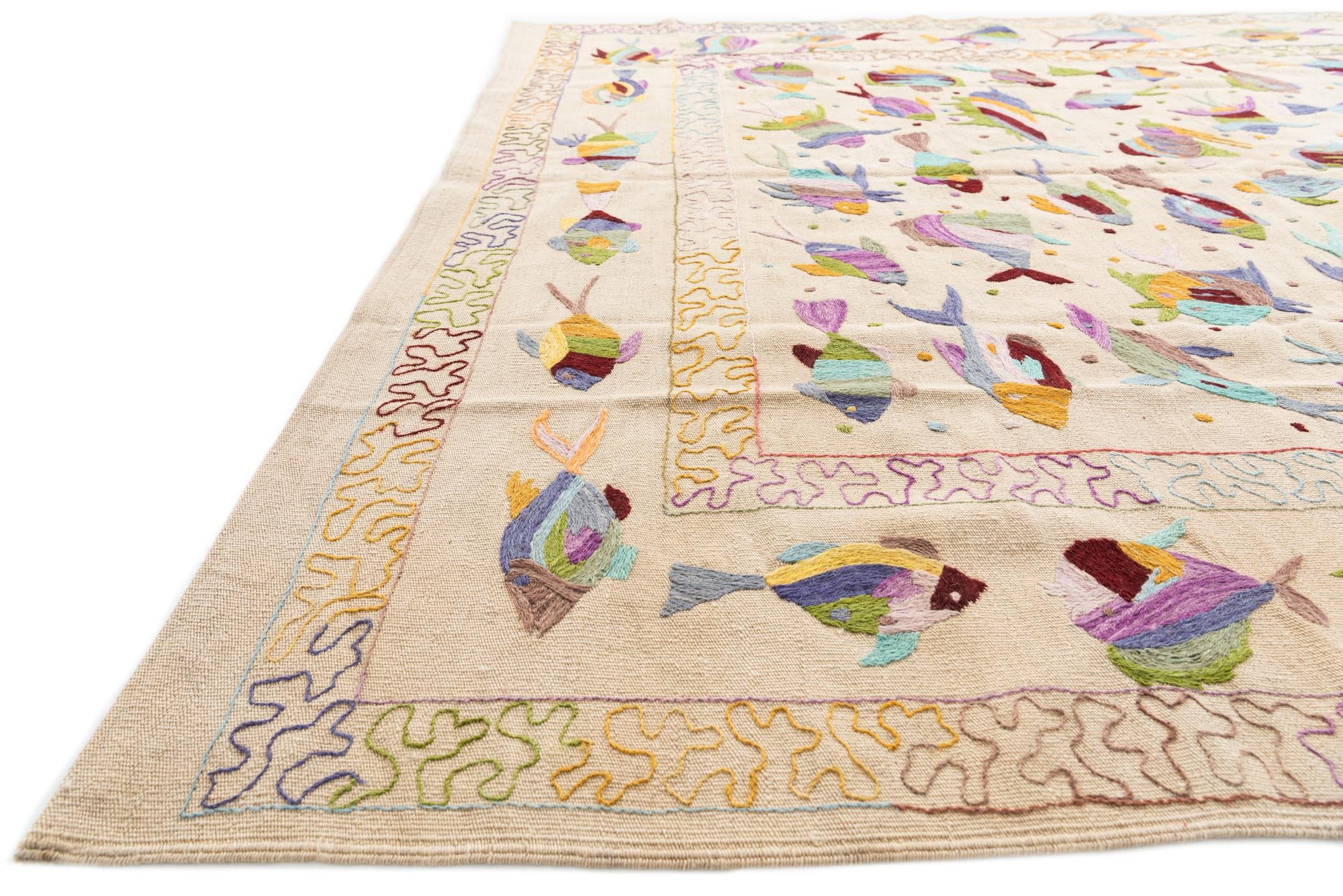 6' 4 x 9' 5 Hand Woven Kilim Suzani Wool Rug