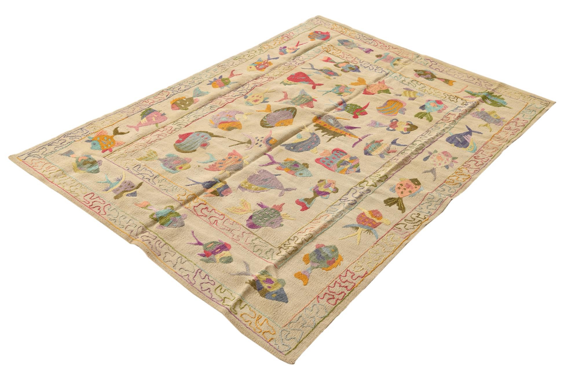 4' 9 x 6' 4 Hand Woven Kilim Suzani Wool Rug
