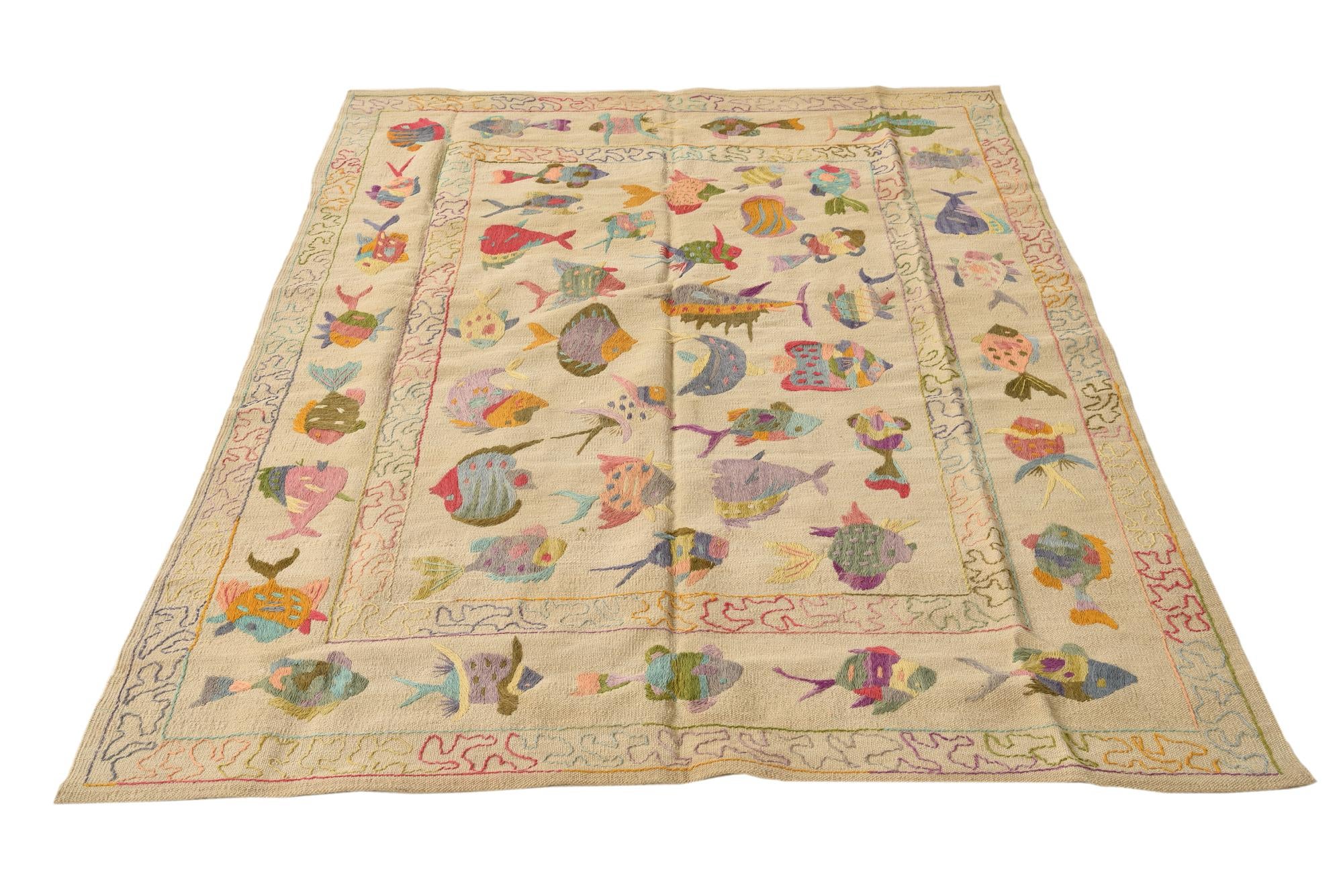 4' 9 x 6' 4 Hand Woven Kilim Suzani Wool Rug