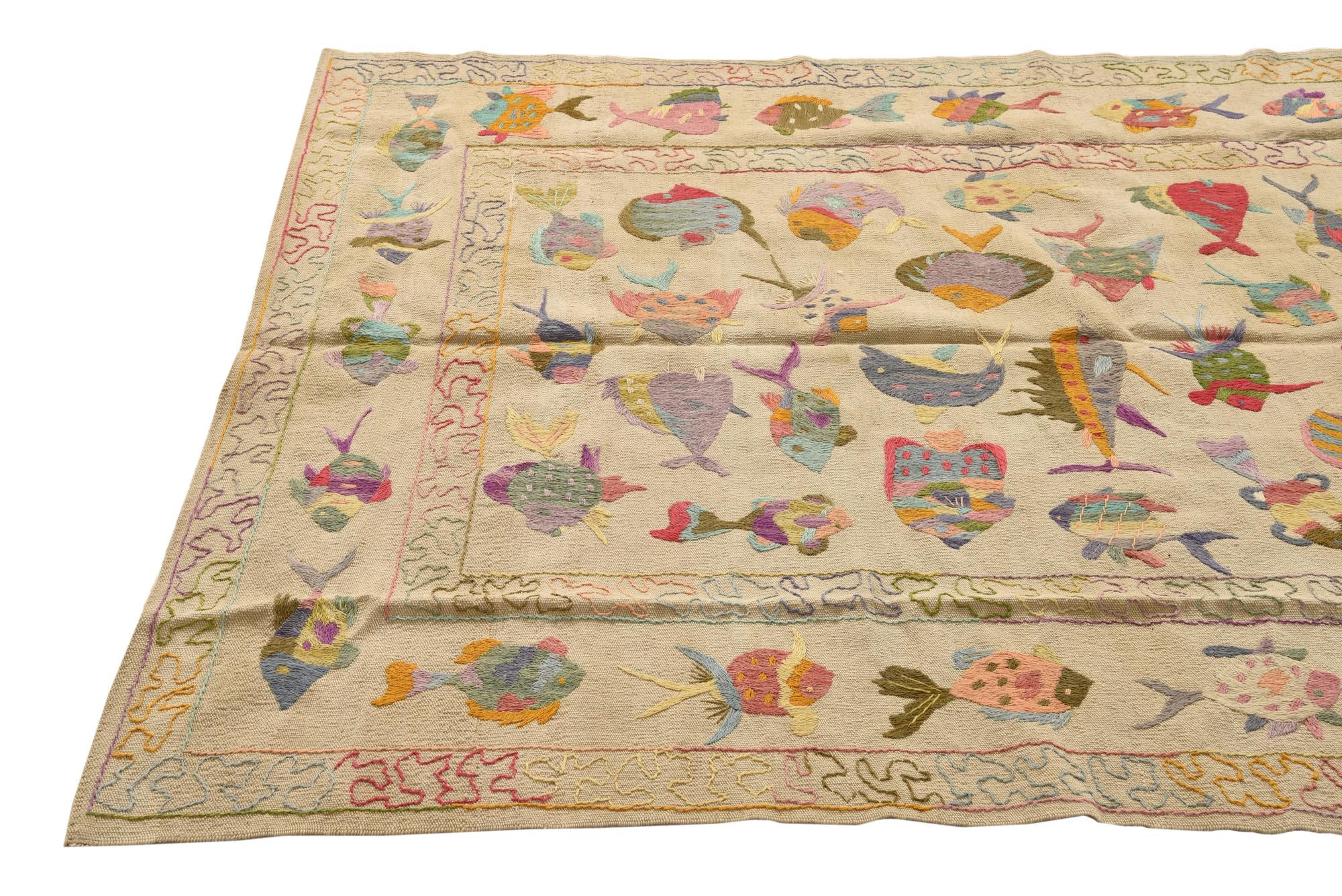 4' 9 x 6' 4 Hand Woven Kilim Suzani Wool Rug