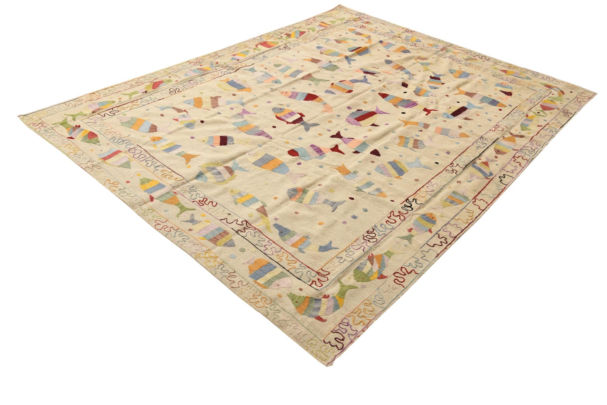 7' 2 x 9' 6 Hand Woven Kilim Suzani Wool Rug