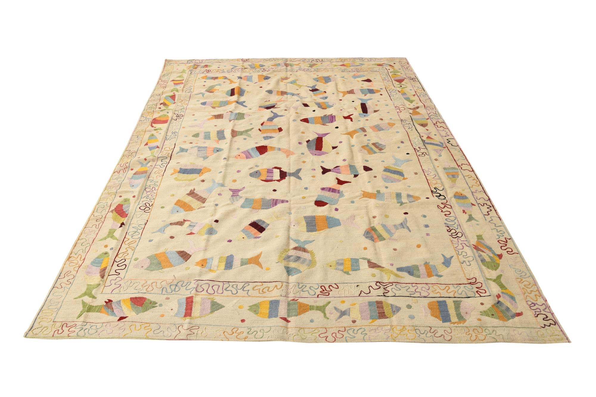 7' 2 x 9' 6 Hand Woven Kilim Suzani Wool Rug