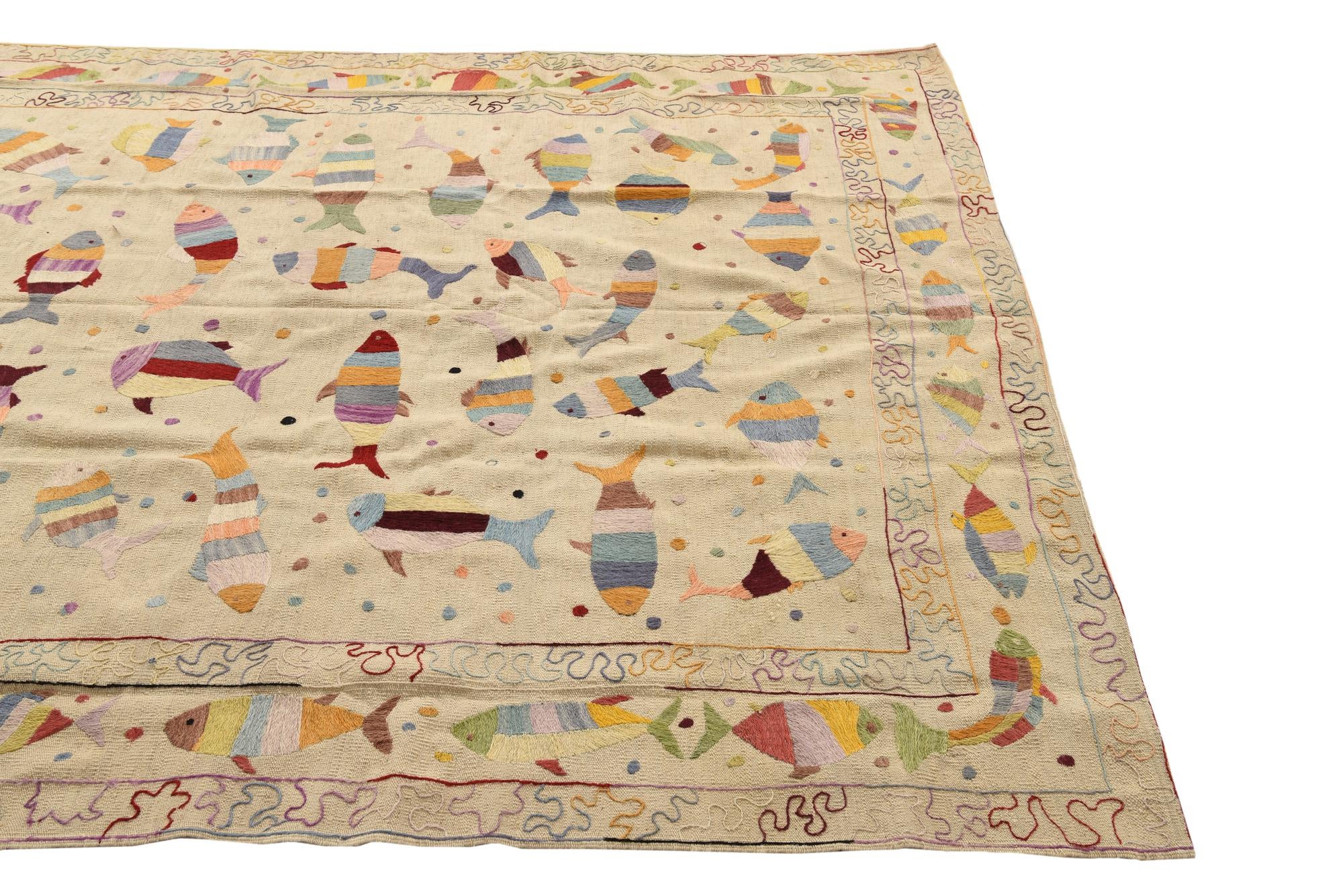 7' 2 x 9' 6 Hand Woven Kilim Suzani Wool Rug