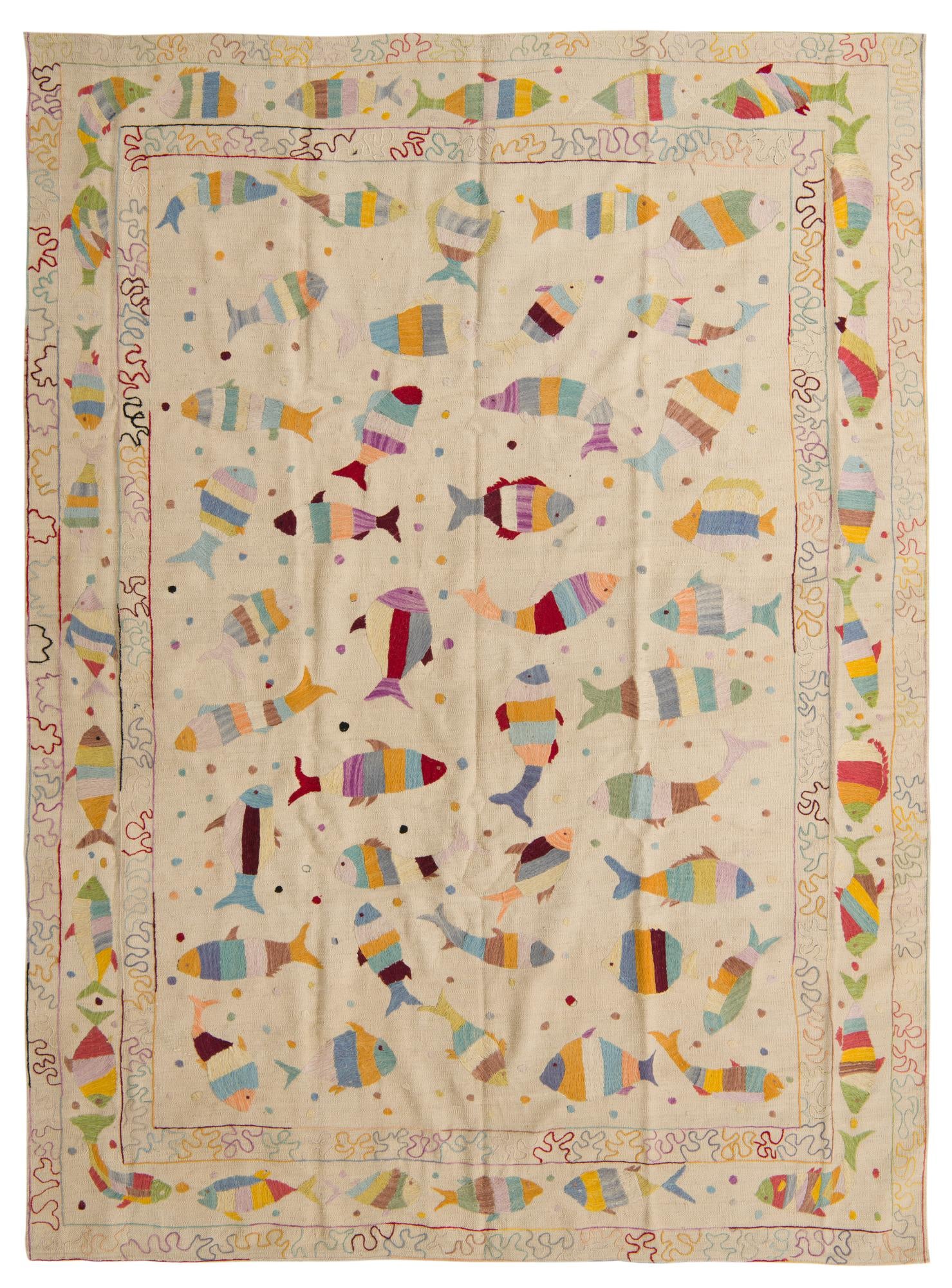 7' 2 x 9' 6 Hand Woven Kilim Suzani Wool Rug