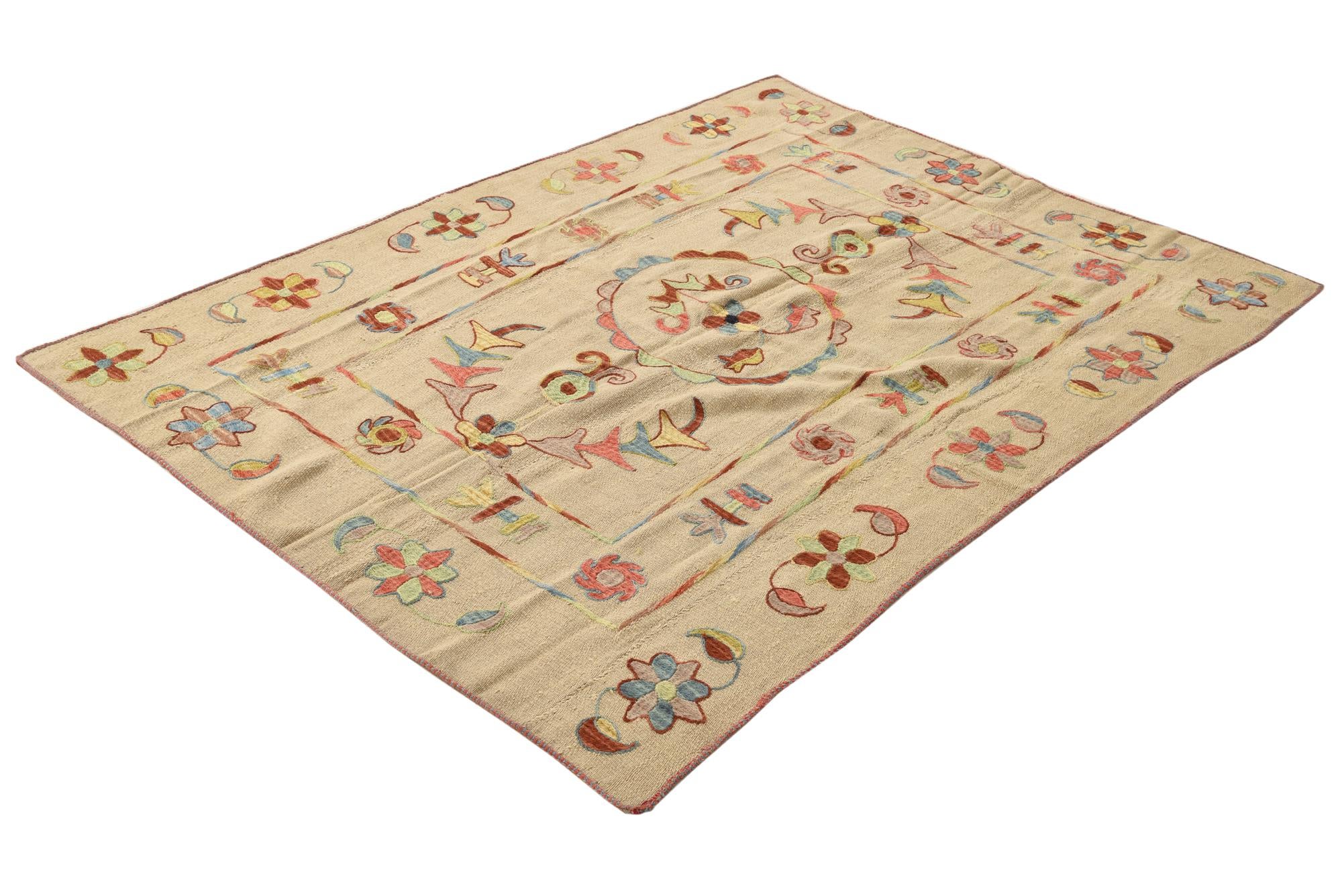 5' x 6' 10 Hand Woven Kilim Suzani Wool Rug