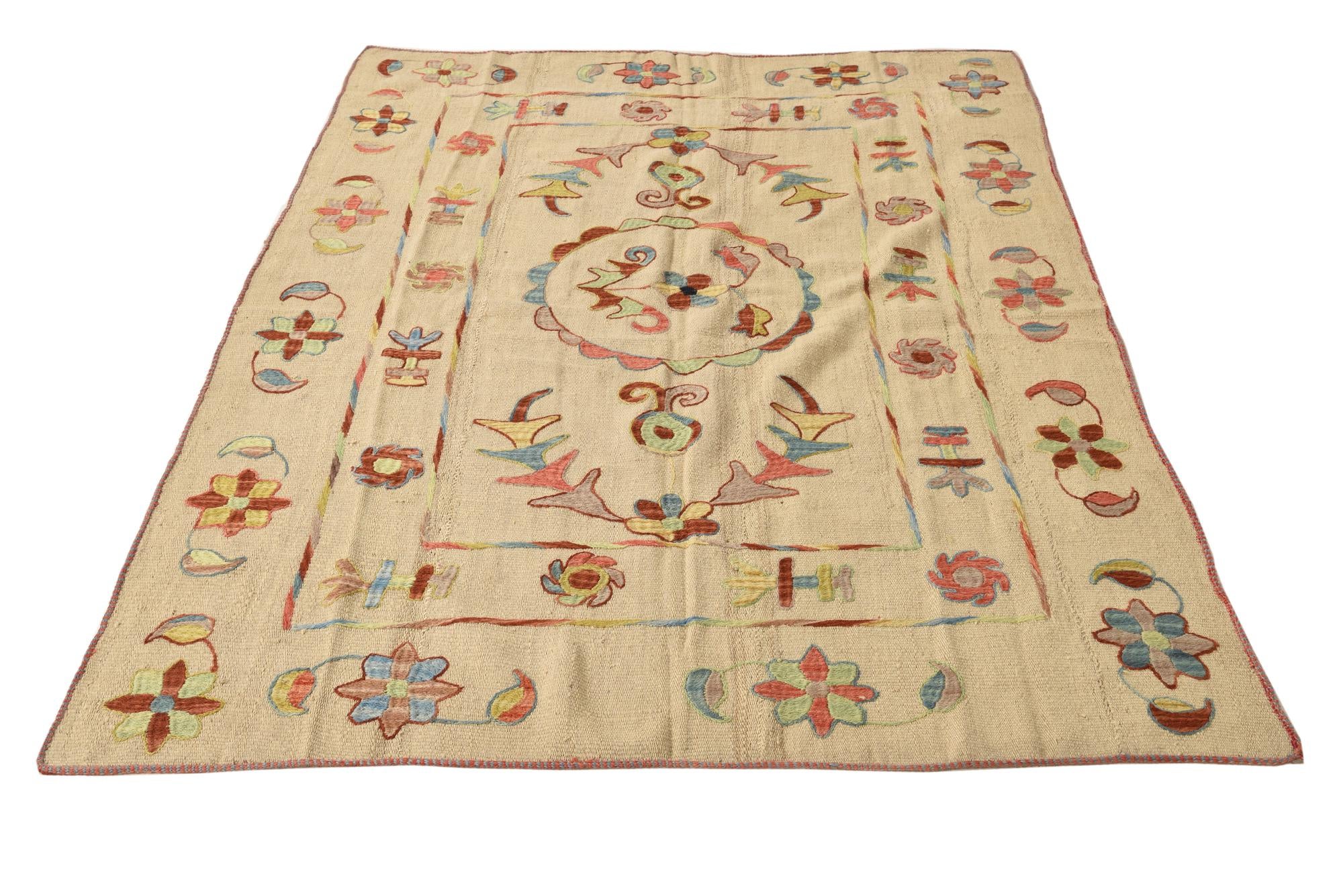 5' x 6' 10 Hand Woven Kilim Suzani Wool Rug