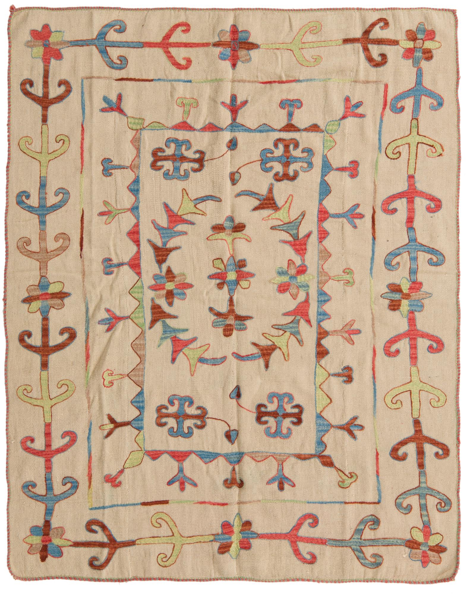 4' 11 x 6' 6 Hand Woven Kilim Suzani Wool Rug