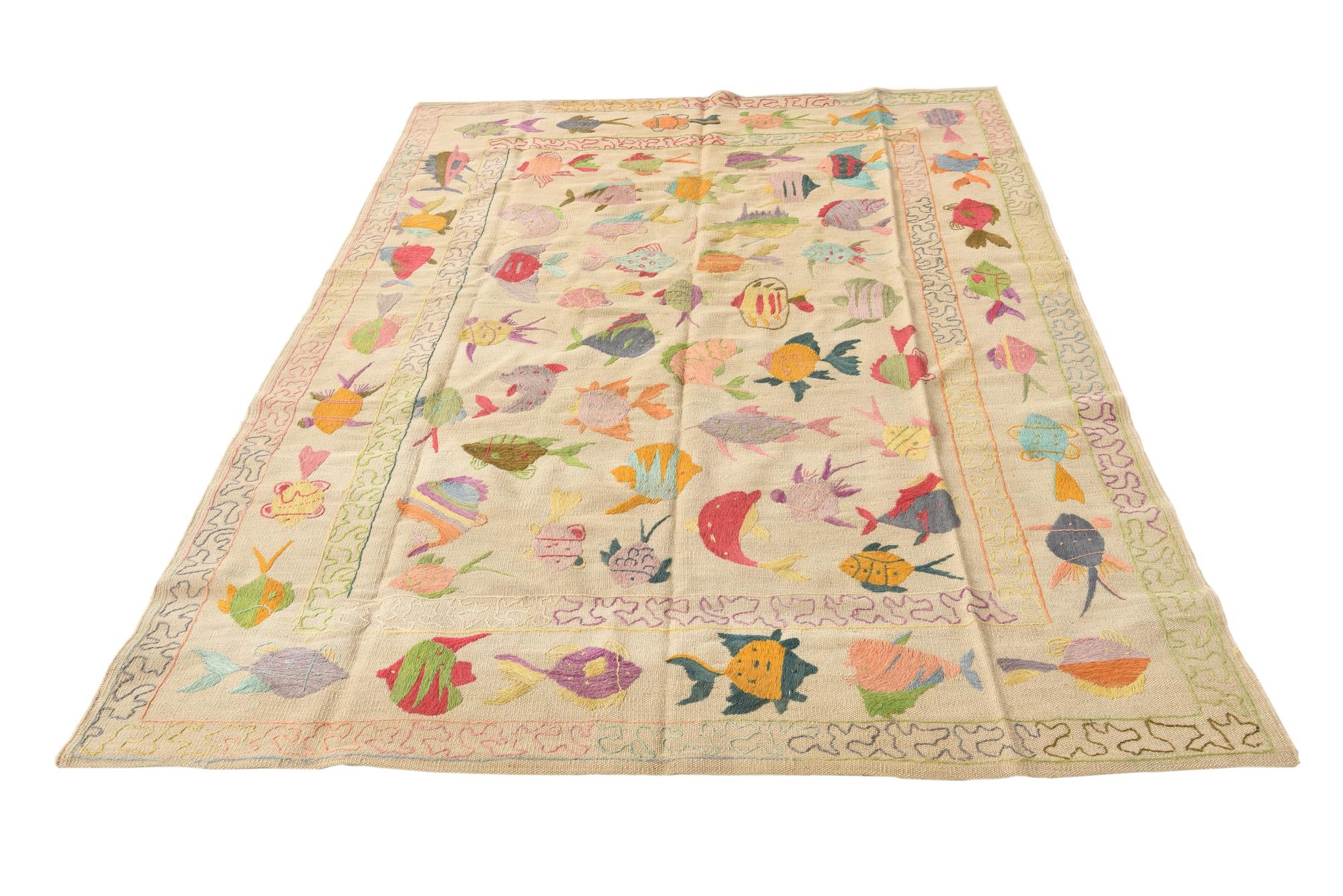 5' 4 x 7' 6 Hand Woven Kilim Suzani Wool Rug