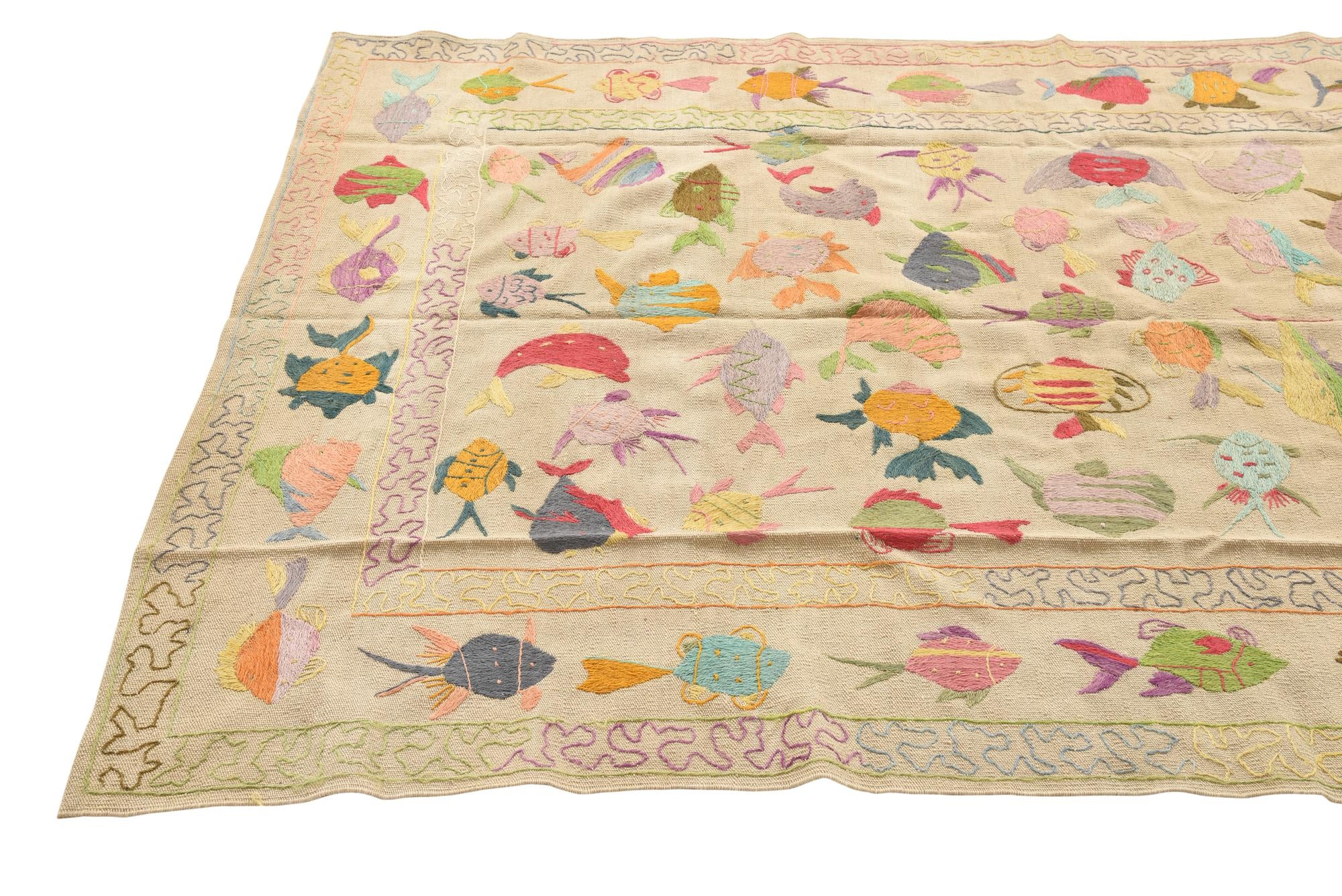 5' 4 x 7' 6 Hand Woven Kilim Suzani Wool Rug