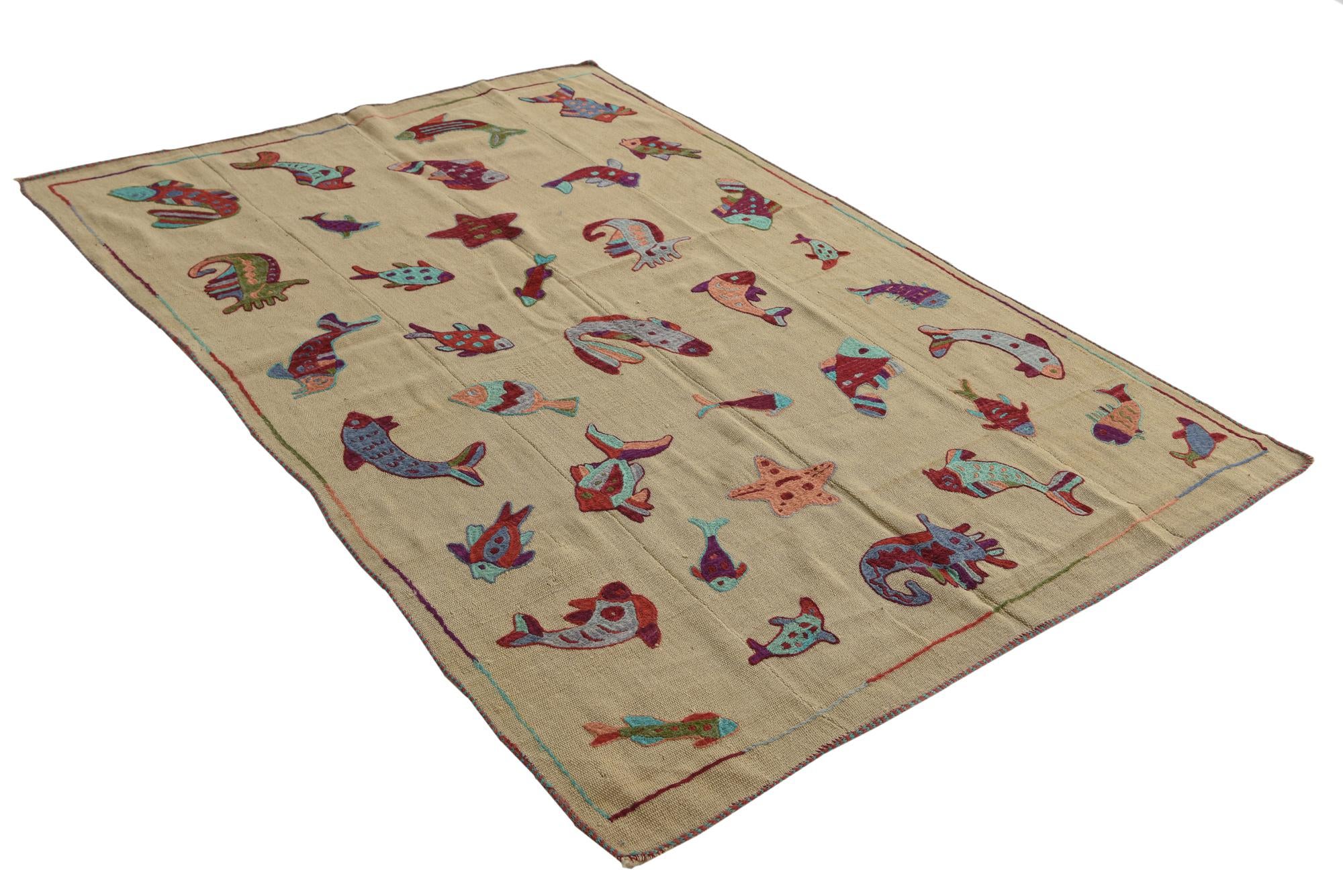4' 7 x 7' Hand Woven Kilim Suzani Wool Rug