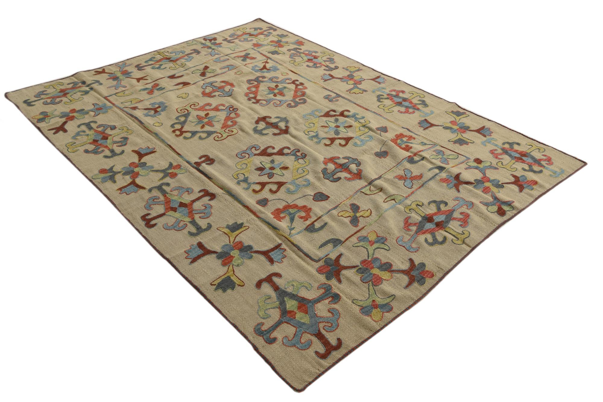 6' x 7' 8 Hand Woven Kilim Suzani Wool Rug