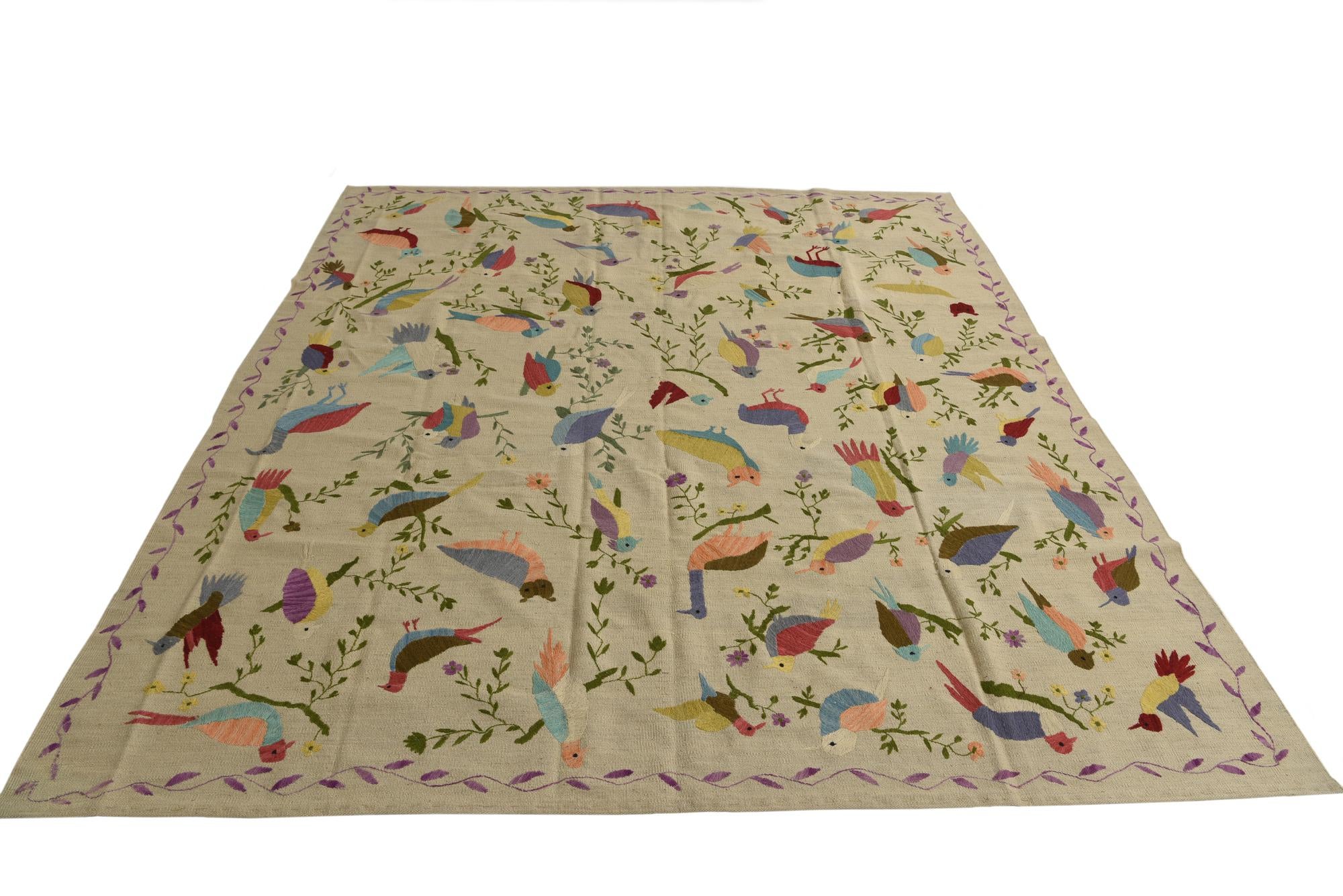 8' x 9' 4 Hand Woven Kilim Suzani Wool Rug