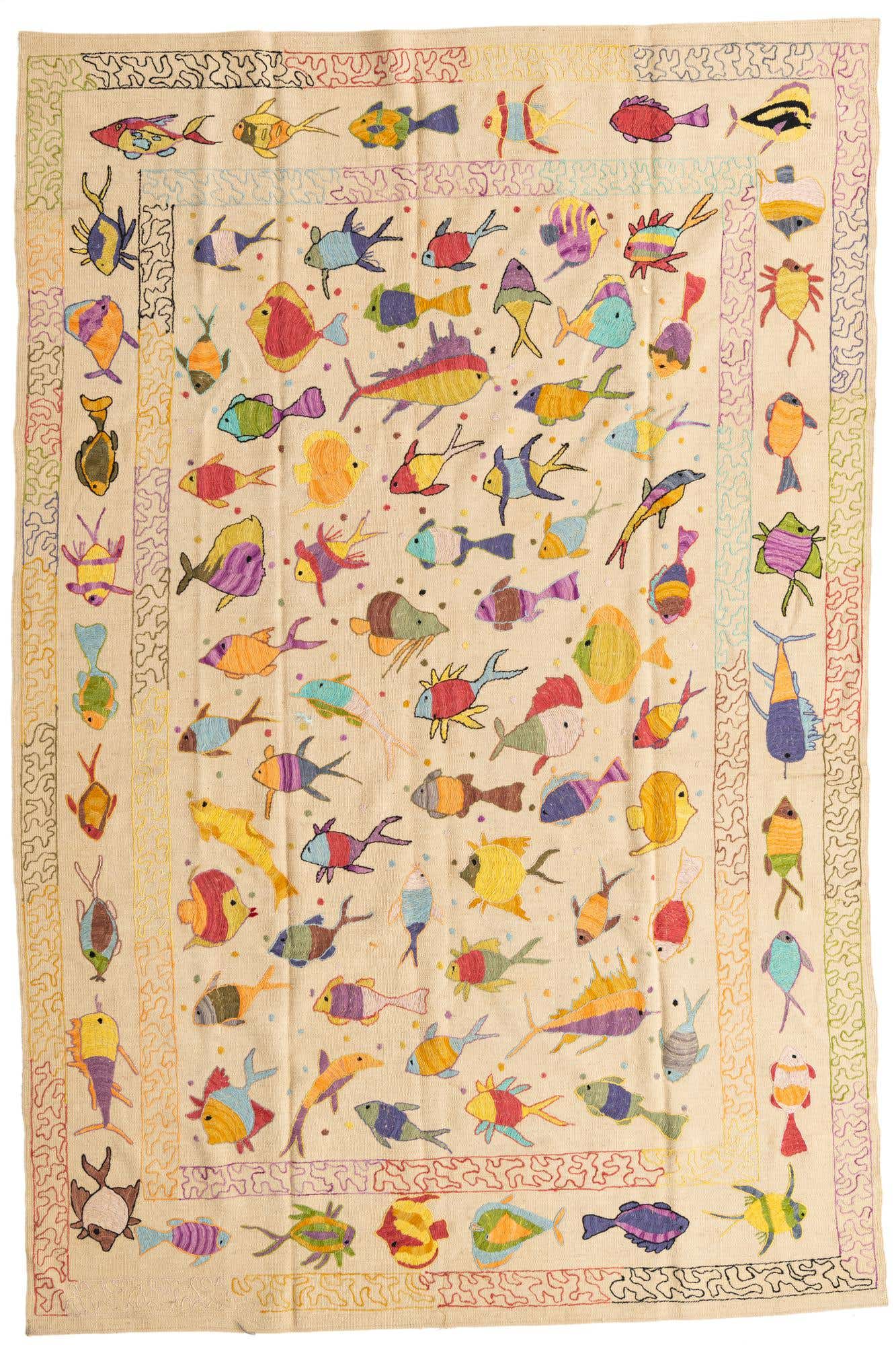 6' 4 x 9' 6 Hand Woven Kilim Suzani Wool Rug