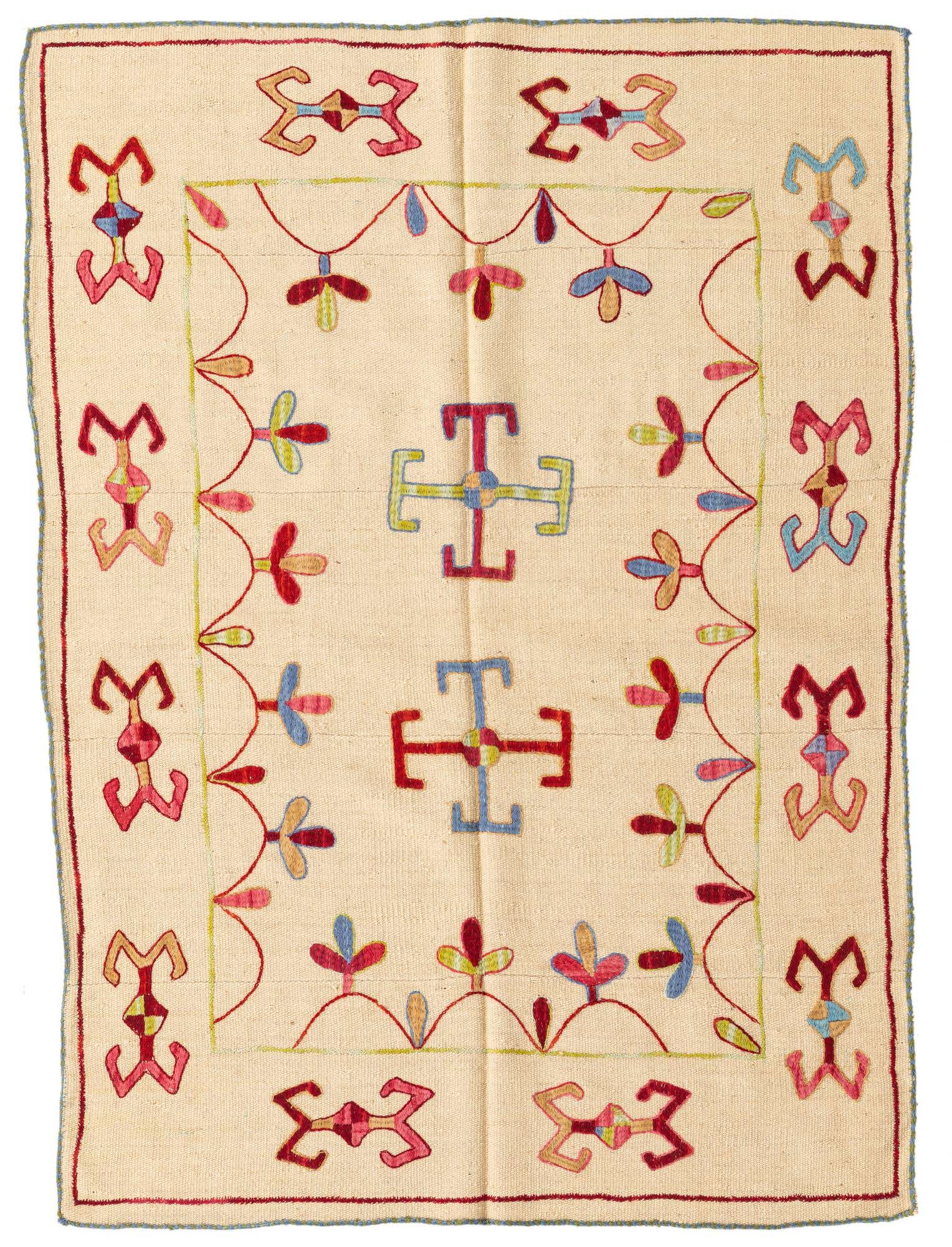 4' x 5' 8 Hand Woven Kilim Suzani Wool Rug