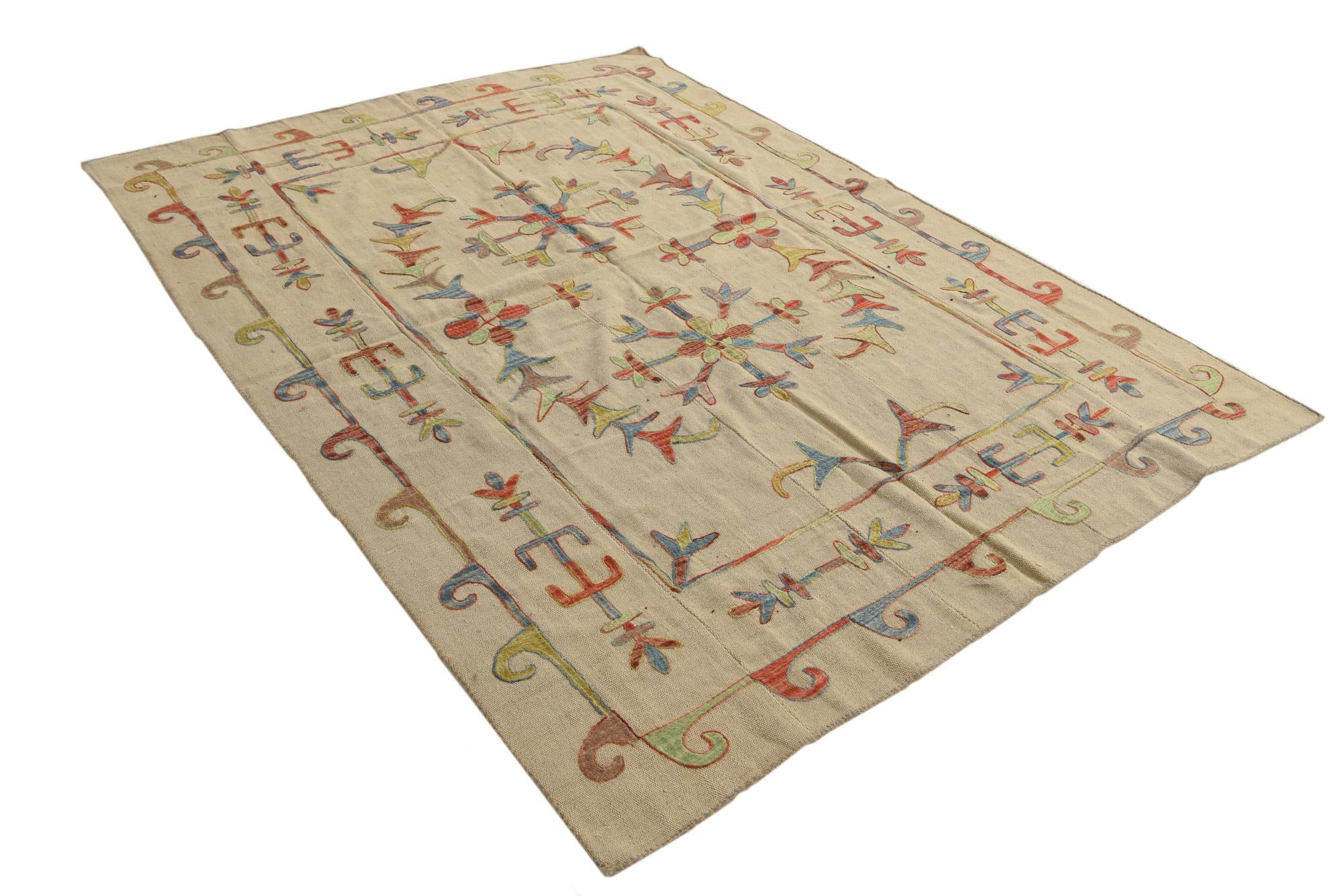 5' 7 x 7' 6 Hand Woven Kilim Suzani Wool Rug