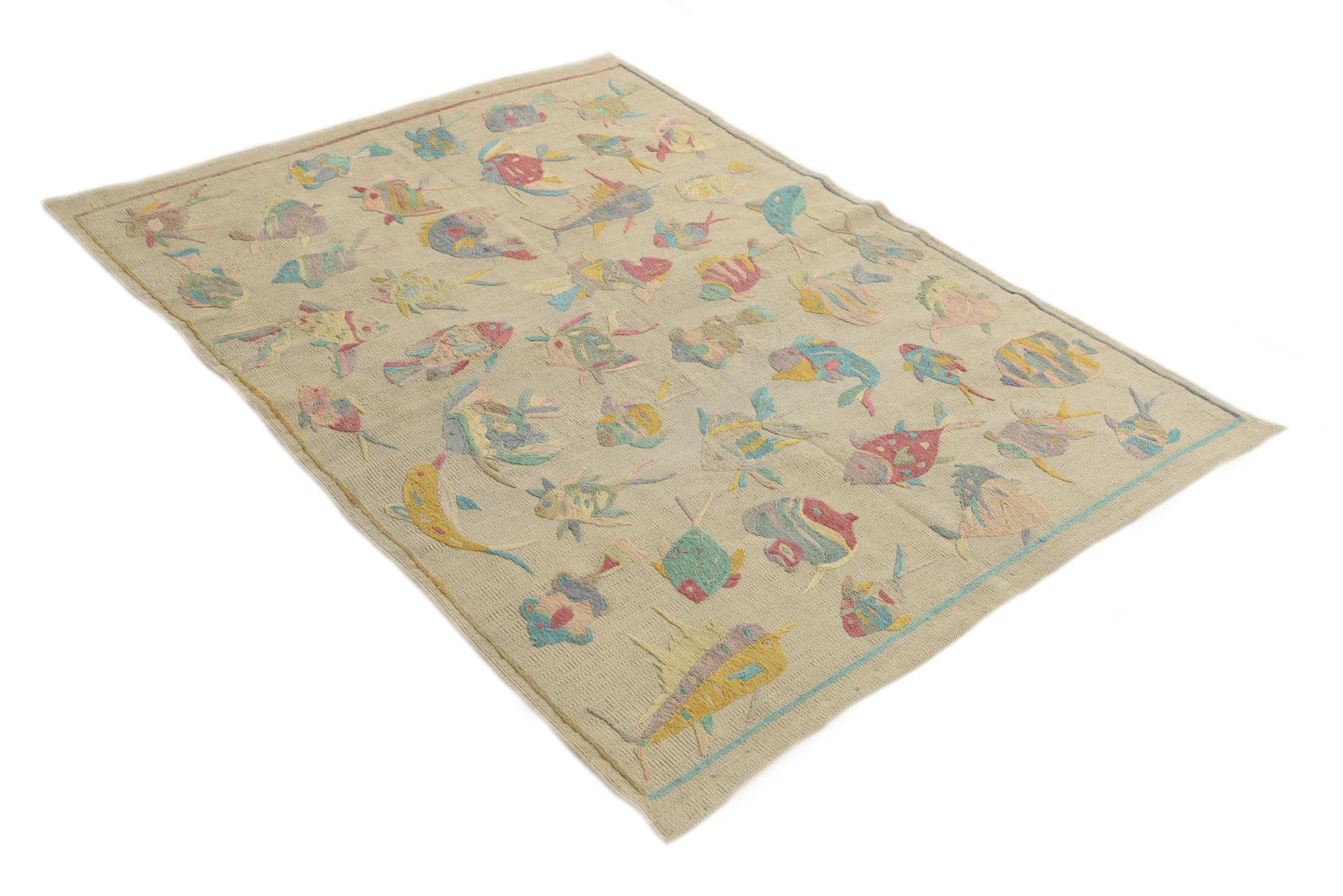 4' 3 x 5' 8 Hand Woven Kilim Suzani Wool Rug