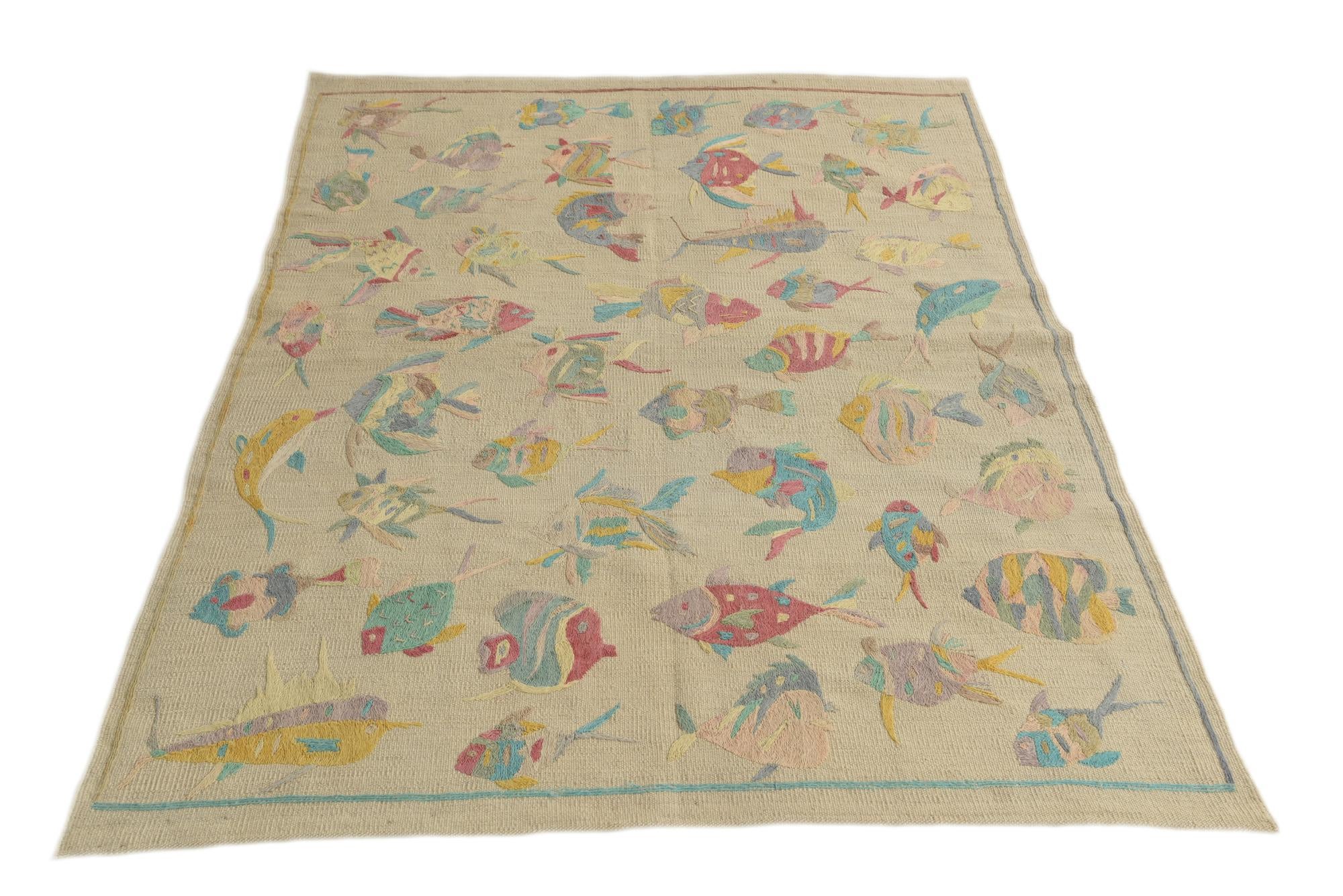 4' 3 x 5' 8 Hand Woven Kilim Suzani Wool Rug