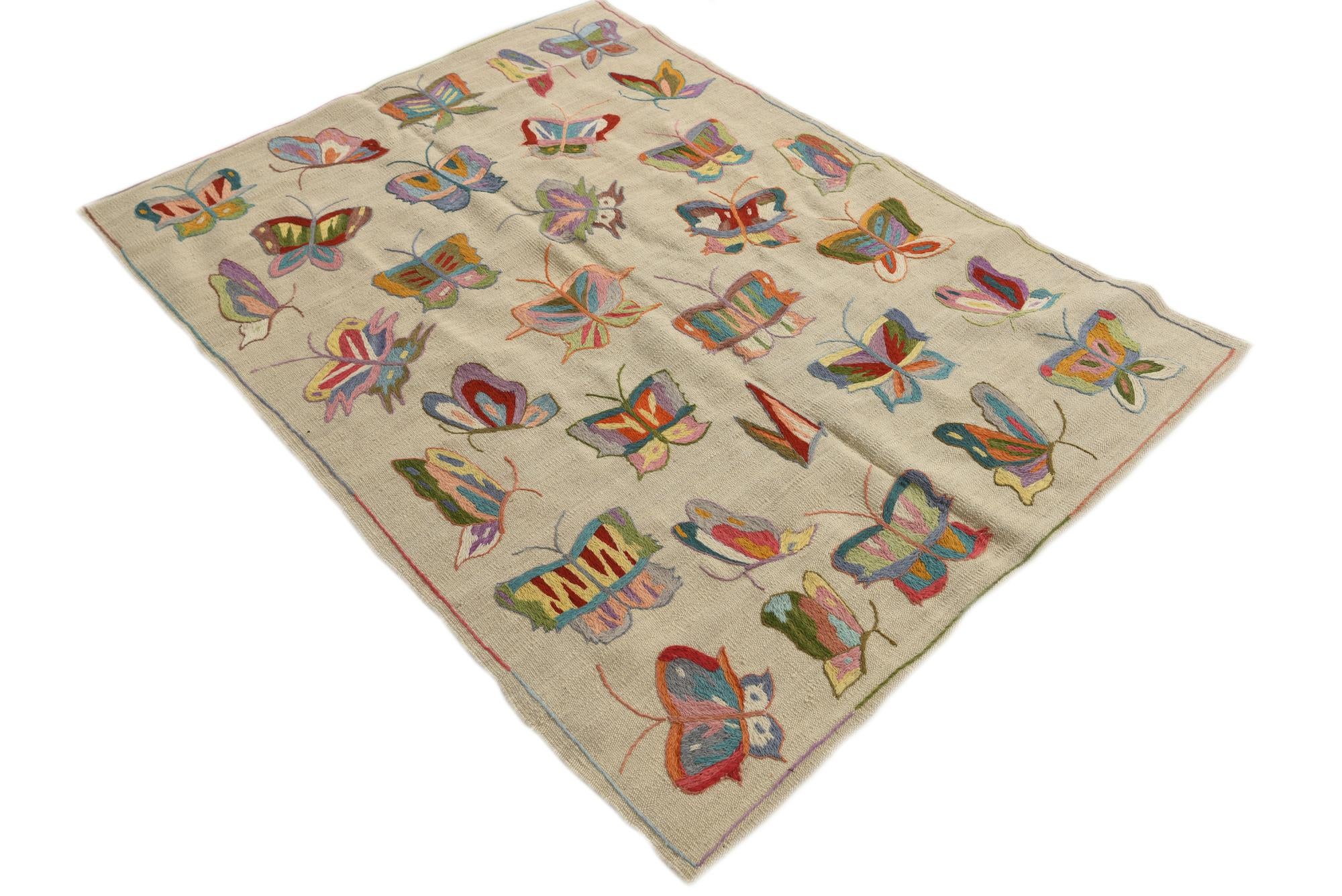 4' 1 x 5' 6 Hand Woven Kilim Suzani Wool Rug