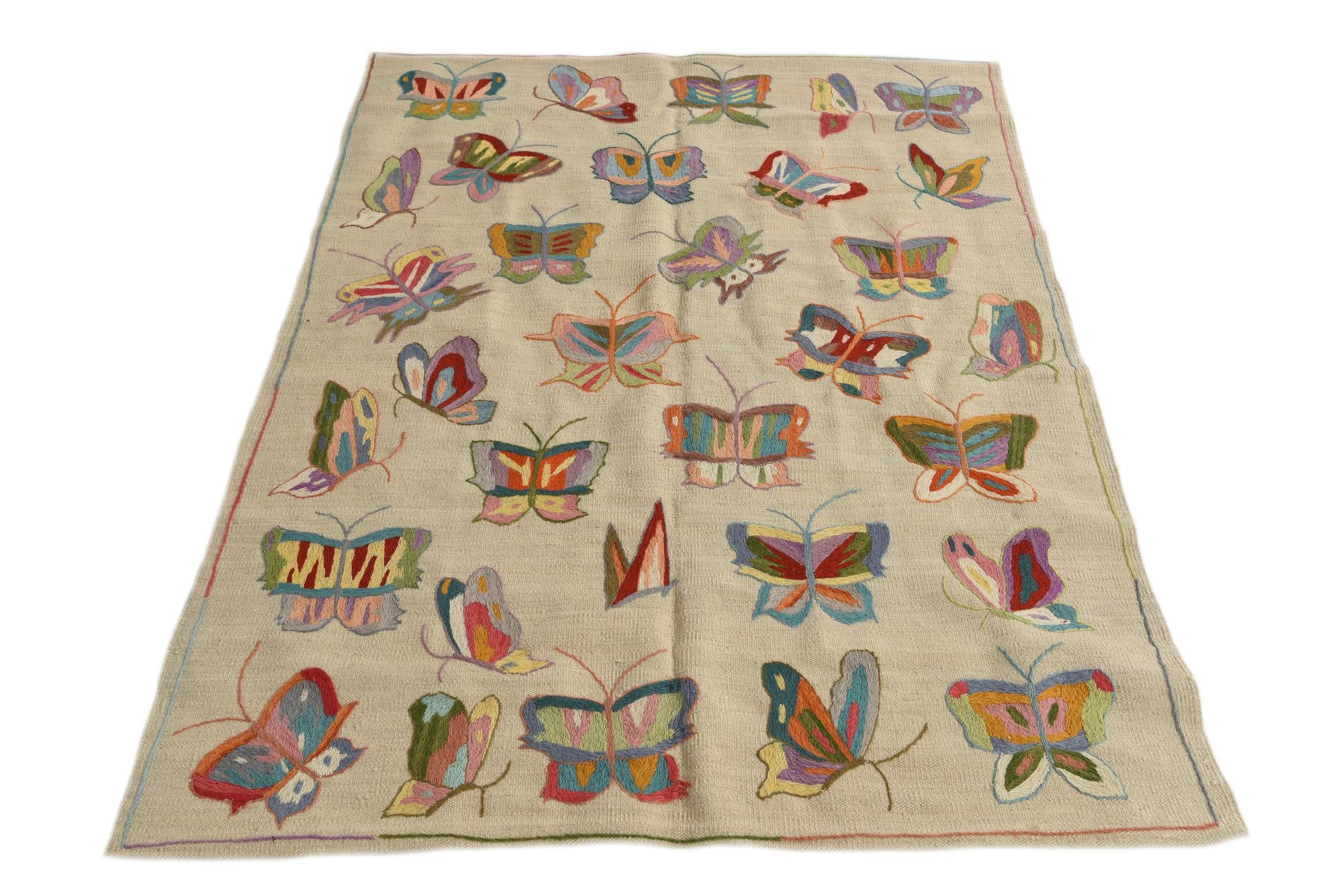 4' 1 x 5' 6 Hand Woven Kilim Suzani Wool Rug