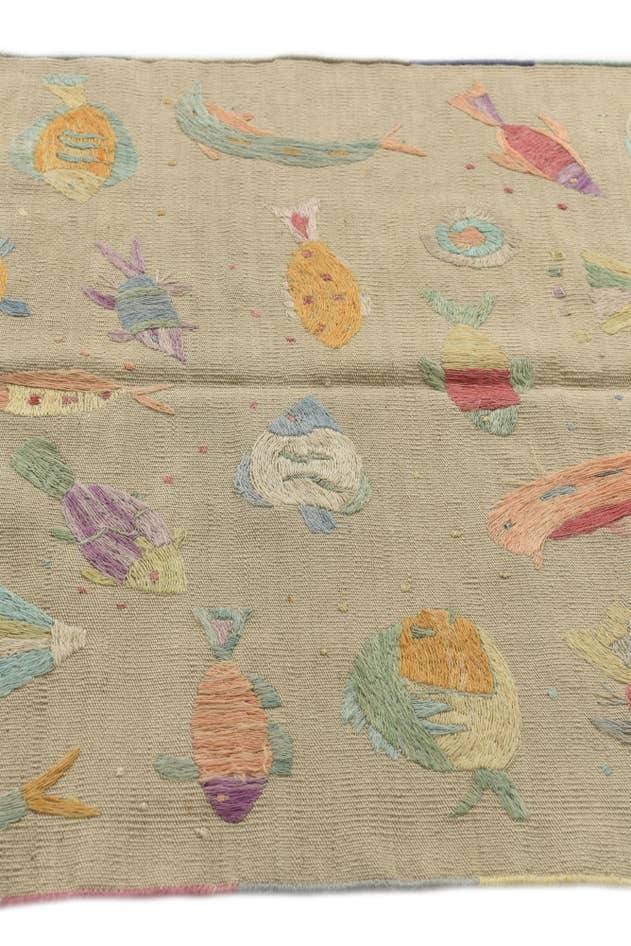 Detailfoto van 95cm x 135cm Handgeweven Kilim Suzani Wol Vloerkleed