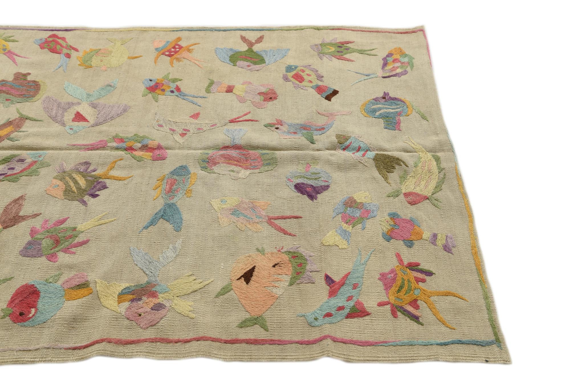 4' x 5' 6 Hand Woven Kilim Suzani Wool Rug